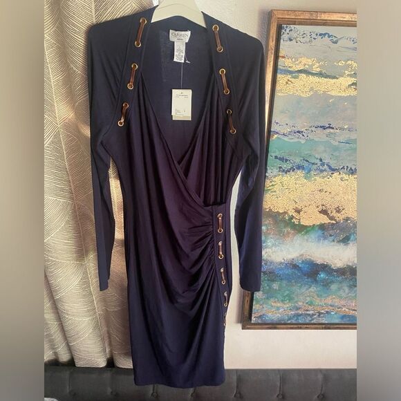 NWT Carmen Marc Valvo  Sheath Dress V-Neck Navy Long Sleeve Size L Stretch - Picture 4 of 11